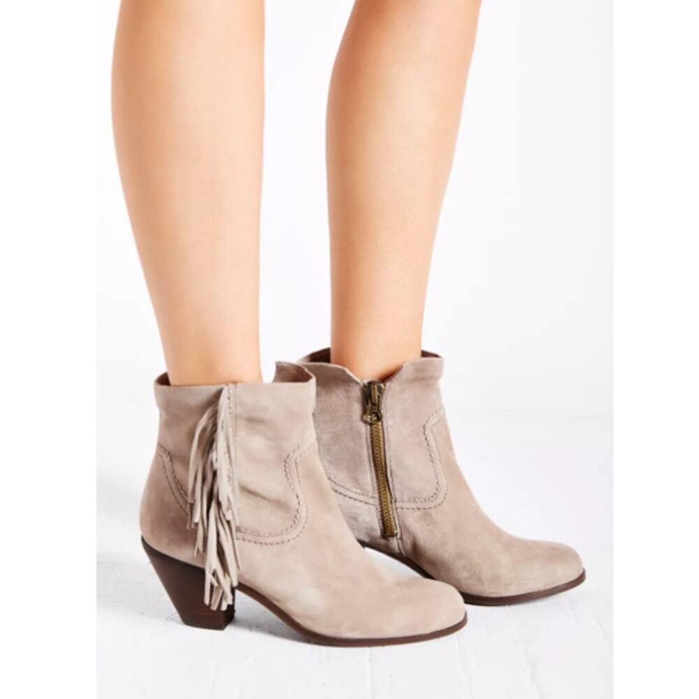 Sam Edelman Women’s Louie Suede Barn Fringe‎ Side Zip Ankle Boots Size 8.5 Cream